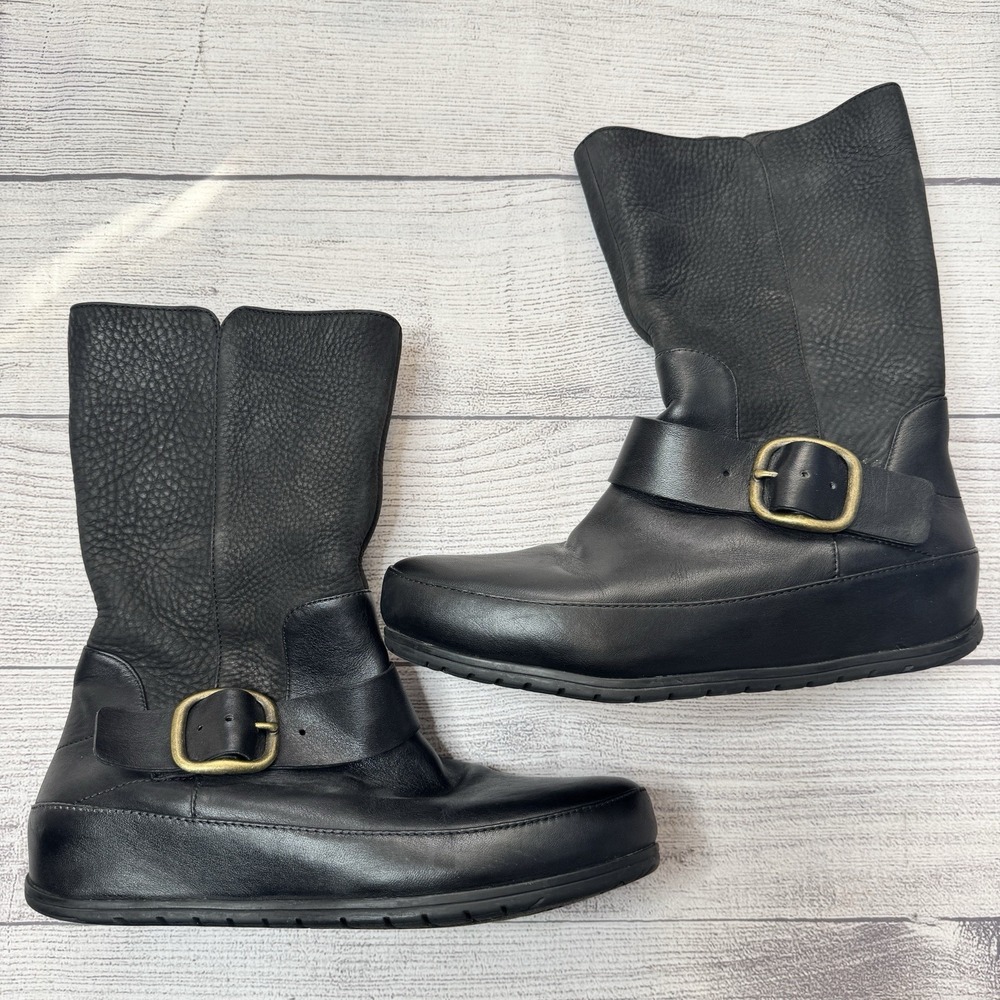 FitFlop Dueboot‎ Biker Buckle Black Pebbled Leather Boots Shoes Women's 6